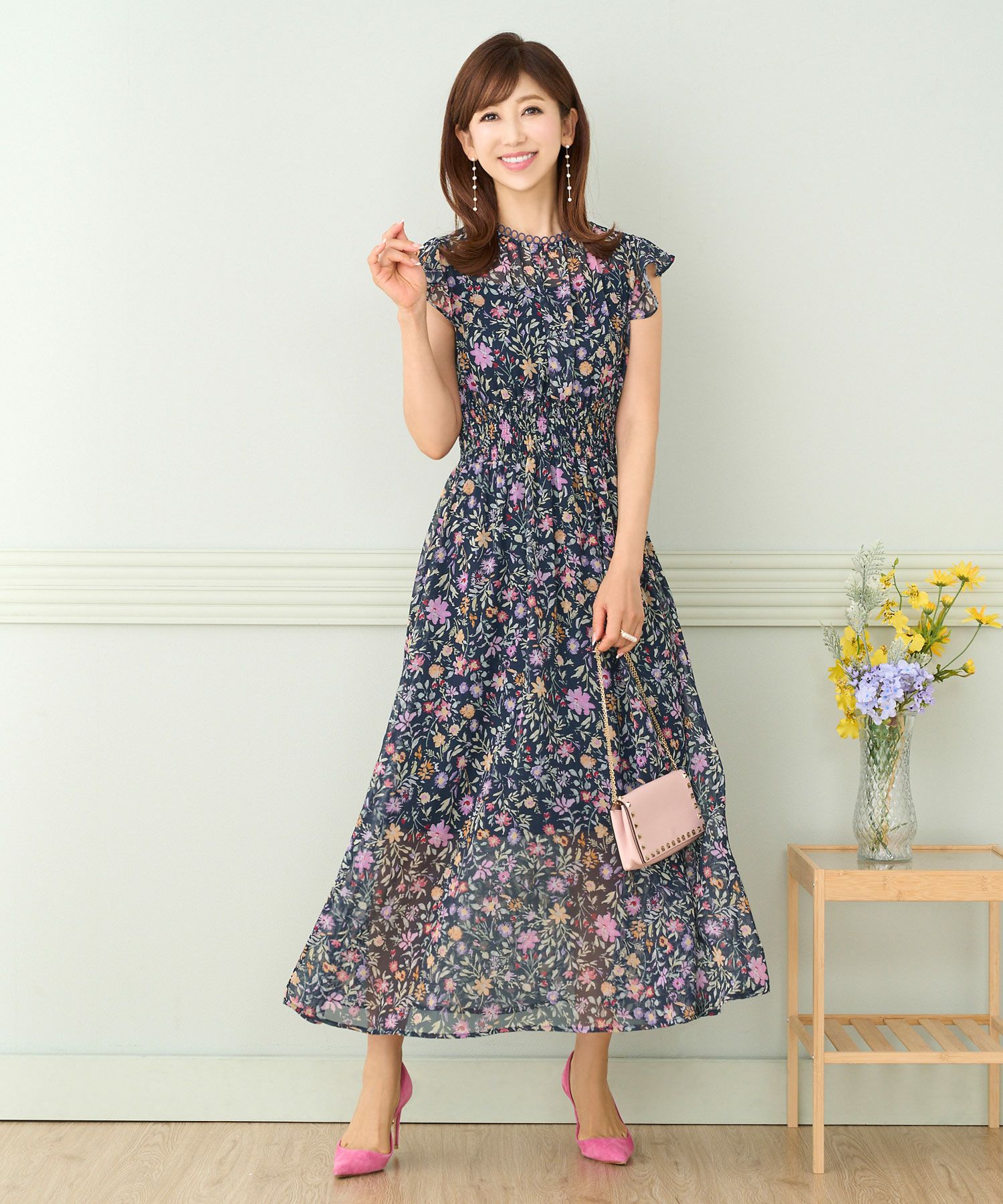 花柄 リングレース襟 シフォン ワンピース Prima Scherrer 全3色