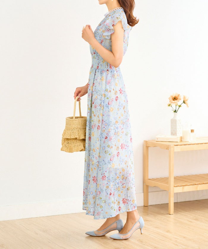 手洗い可/インナー付き/フラワー/ラッフルスリーブ/スタンドカラー/春/夏/秋口/フリーサイズ/プリマレディース/上品/エレガント/楊柳/シフォン/エアリー/ウエストゴム/シャーリング/お呼ばれ/デイリー/水彩/繊細/花柄プリント/アクセント/脚長/落ち感/透け/シアー/トレンド