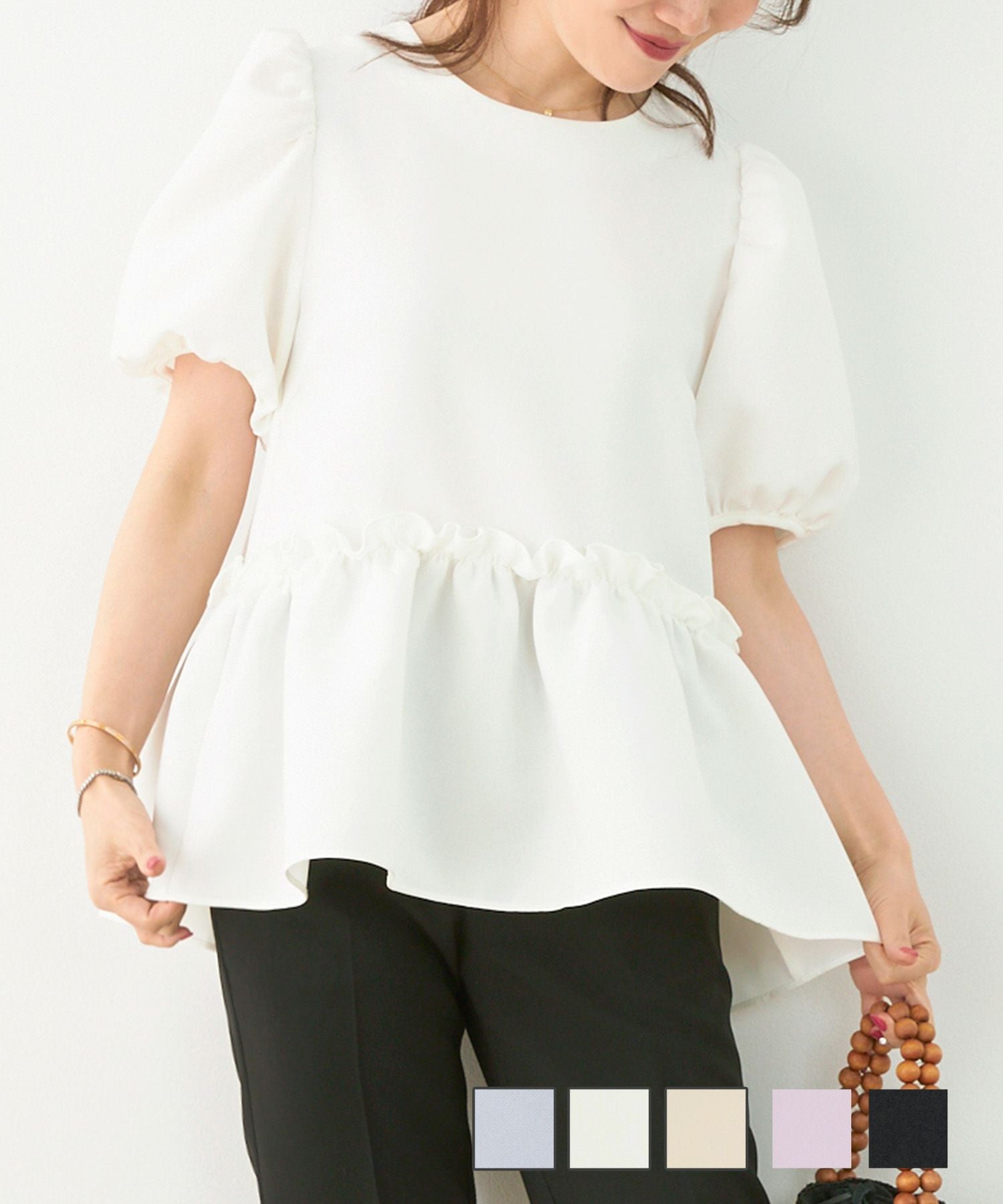 パフスリーブ ペプラム ブラウス 半袖 Liala×PG 全5色｜lpg811-1403