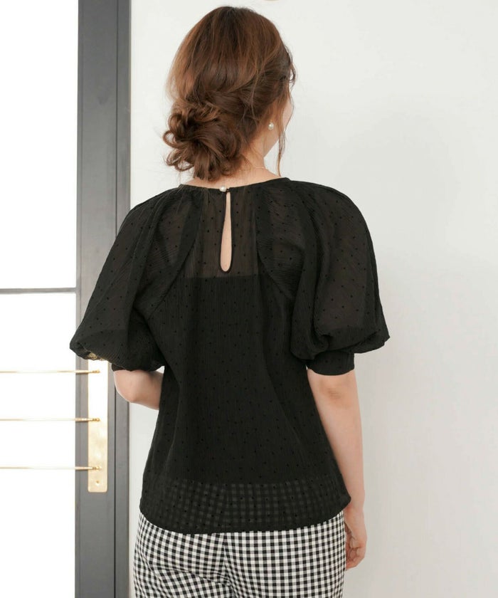 レディース/トップス/ブラウス/プルオーバー/キャミソール/キャミ/ドット/フロッキー/シワ加工/プリーツ/シアー素材/クルーネック/パフスリーブ/セットアップ/春/夏/半袖/アイボリー/ブラック/