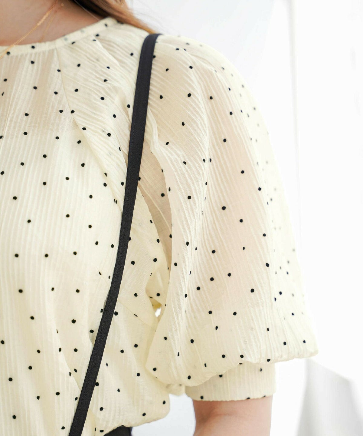 レディース/トップス/ブラウス/プルオーバー/キャミソール/キャミ/ドット/フロッキー/シワ加工/プリーツ/シアー素材/クルーネック/パフスリーブ/セットアップ/春/夏/半袖/アイボリー/ブラック/