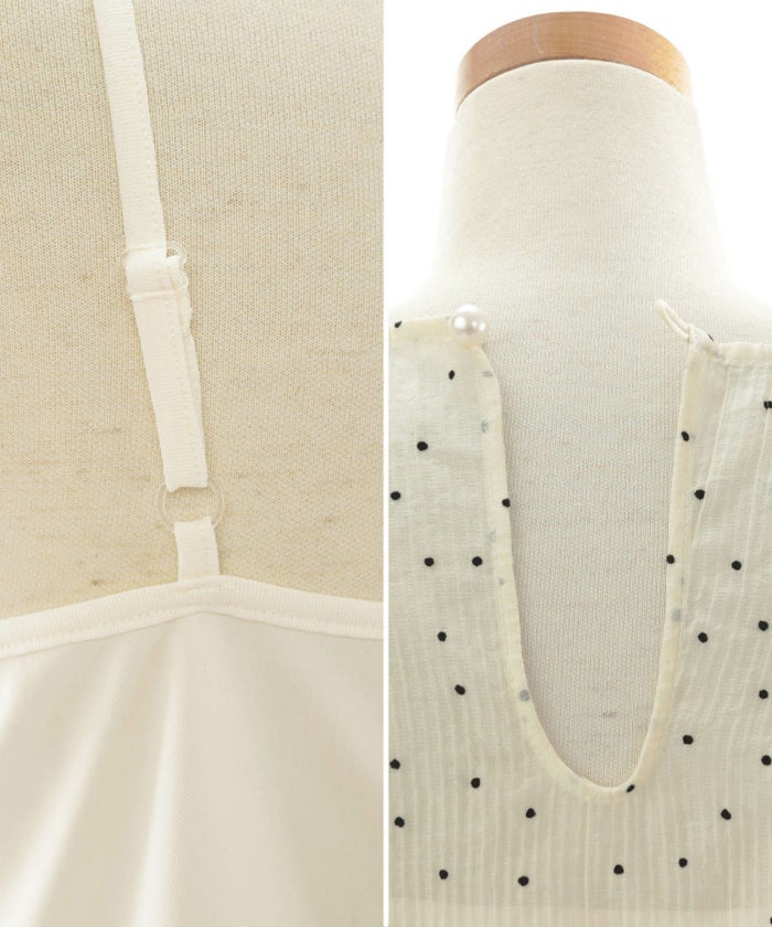 レディース/トップス/ブラウス/プルオーバー/キャミソール/キャミ/ドット/フロッキー/シワ加工/プリーツ/シアー素材/クルーネック/パフスリーブ/セットアップ/春/夏/半袖/アイボリー/ブラック/