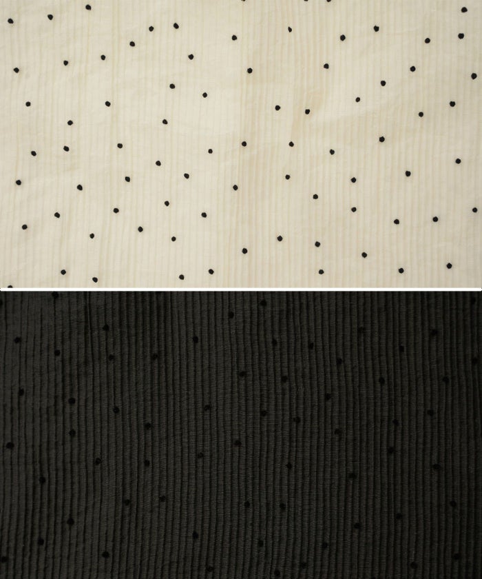 レディース/トップス/ブラウス/プルオーバー/キャミソール/キャミ/ドット/フロッキー/シワ加工/プリーツ/シアー素材/クルーネック/パフスリーブ/セットアップ/春/夏/半袖/アイボリー/ブラック/