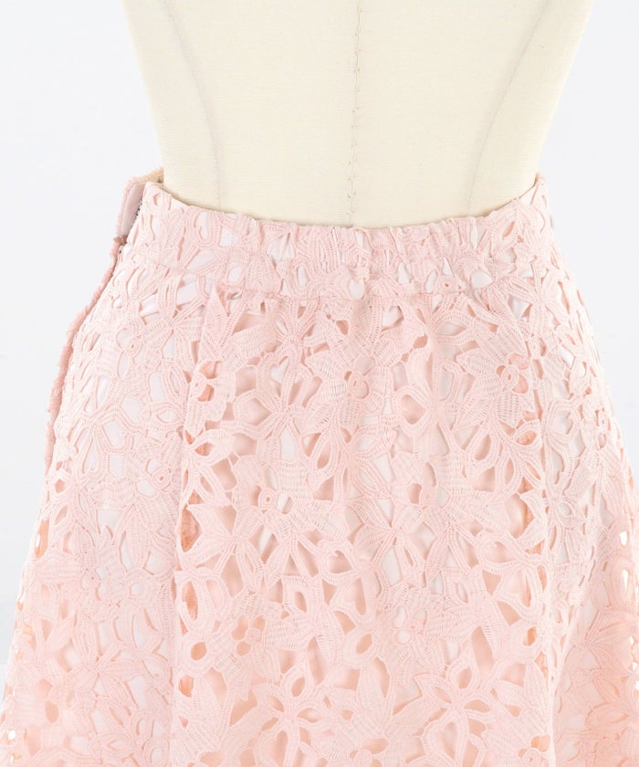 ボトムス/セットアップ着用可能/総レース/スカラップ/上品/華やか/フェミニン/ウエストゴム/ファスナー/膝下/S/M/花柄レース/花柄/通勤/フォーマル/お呼ばれ/ケミカルレース/エレガント/立体/華やか/涼やか/パステル/ホワイト/ピンク/サックス