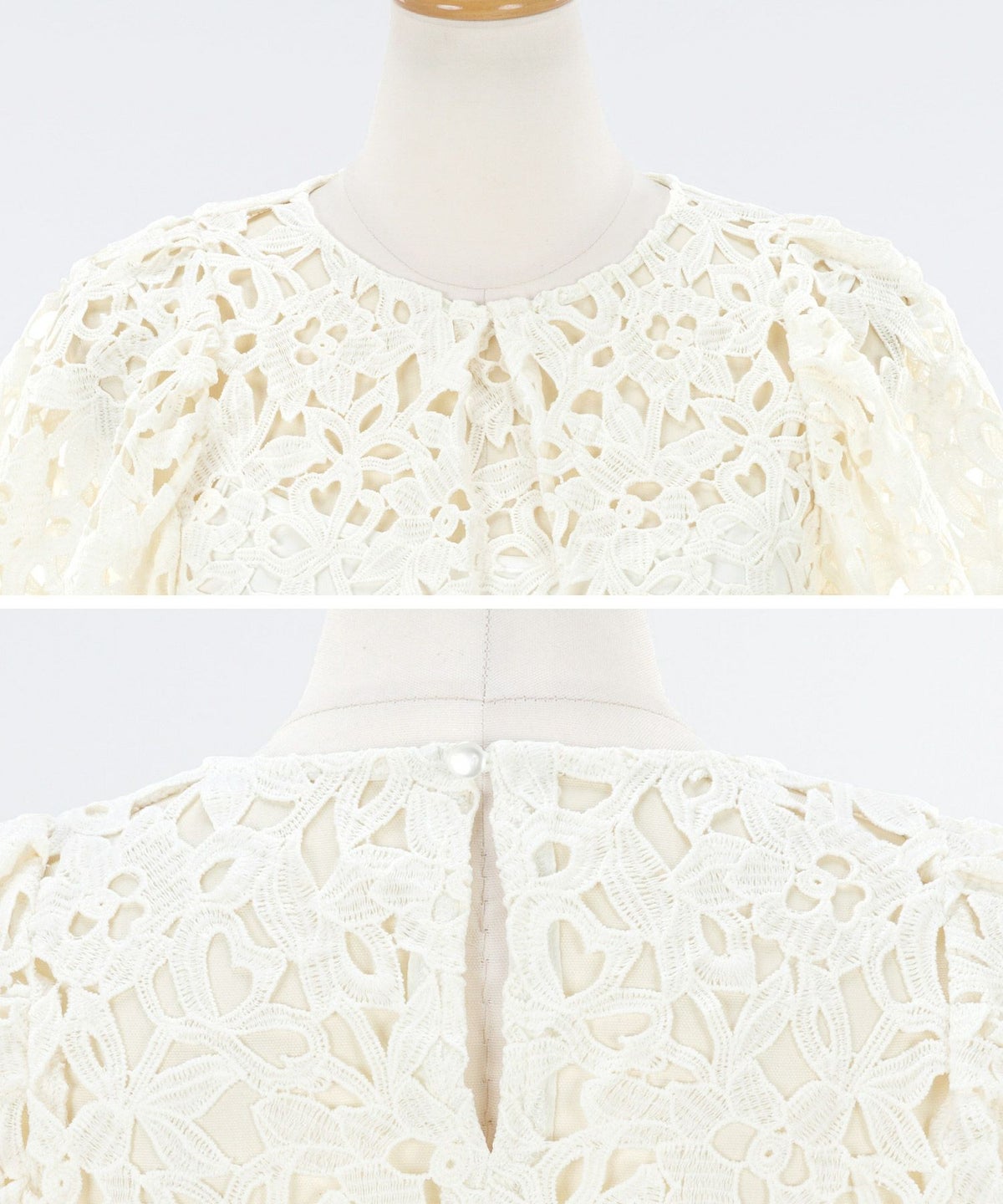 トップス/プルオーバー/ボリュームスリーブ/上品/フェミニン/総レース/花柄レース/花柄/通勤/フォーマル/お呼ばれ/ケミカルレース/エレガント/立体/華やか/涼やか/セットアップ着用可能/インナー付き/キャミソール/5分袖/6分袖/半袖/パステル/ホワイト/ピンク/サックス