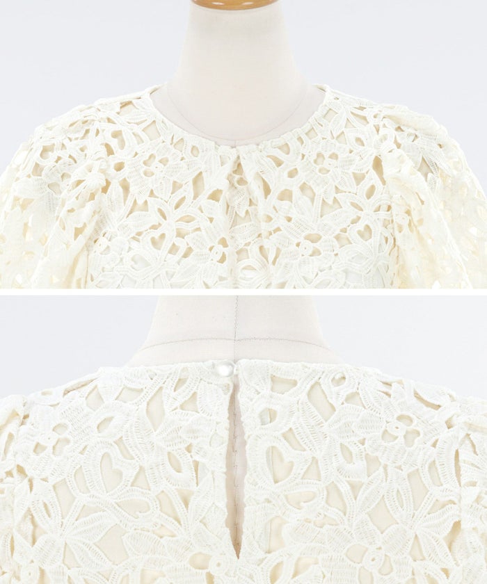 トップス/プルオーバー/ボリュームスリーブ/上品/フェミニン/総レース/花柄レース/花柄/通勤/フォーマル/お呼ばれ/ケミカルレース/エレガント/立体/華やか/涼やか/セットアップ着用可能/インナー付き/キャミソール/5分袖/6分袖/半袖/パステル/ホワイト/ピンク/サックス