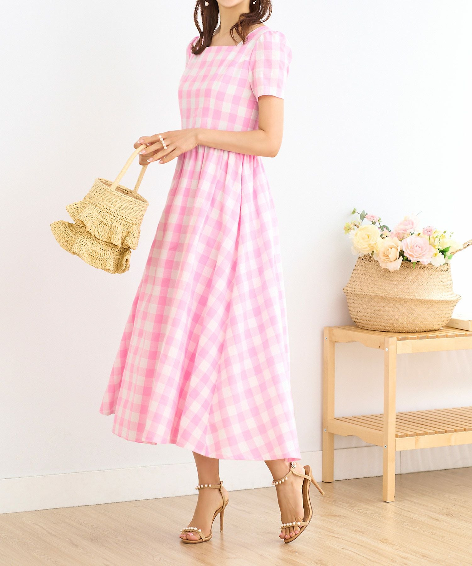 スクエアネック ギンガムチェック ワンピース Prima Scherrer 全3色