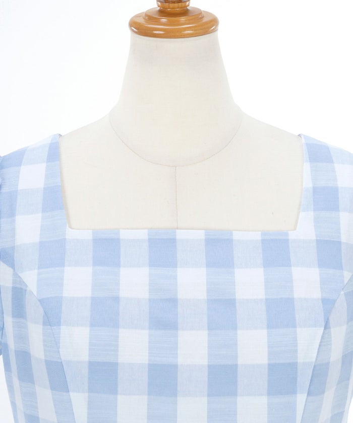 レディース/ギンガム/チェック柄/ブロックチェック/フレア/ワンピース/半袖/ウエストギャザー/春/夏/秋口/S/M/イエロー/サックス/ブルー/ピンク/パフスリーブ/スクエアネック/ロング丈/上品/フェミニン/格子柄/ミモレ丈/裏地/スラブ糸/綿/コットン/ポリエステル