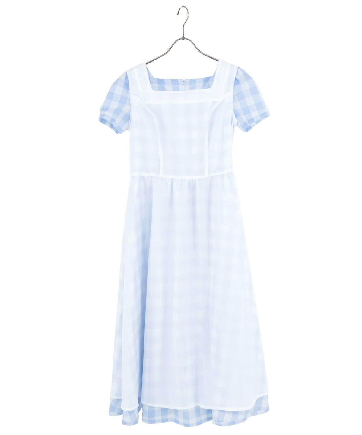 レディース/ギンガム/チェック柄/ブロックチェック/フレア/ワンピース/半袖/ウエストギャザー/春/夏/秋口/S/M/イエロー/サックス/ブルー/ピンク/パフスリーブ/スクエアネック/ロング丈/上品/フェミニン/格子柄/ミモレ丈/裏地/スラブ糸/綿/コットン/ポリエステル