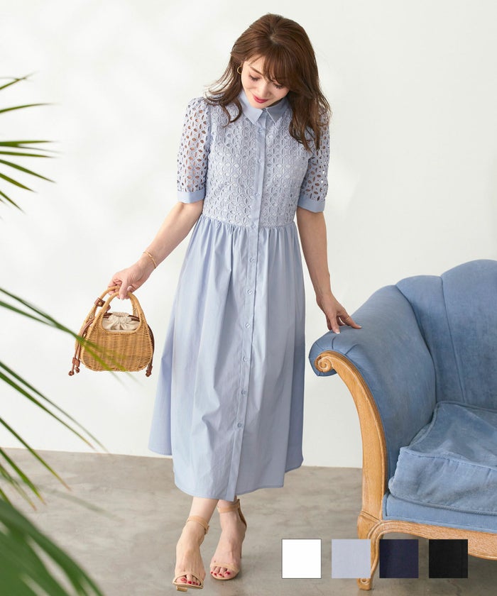 新色追加 手洗い可 ワンピース レース レディース おしゃれ 白黒 オフィス かわいい 大人 きれいめ ジョイントスペース コットンレース シャツ襟 ワンピース Liala×PG