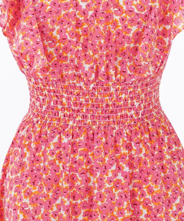 レディース/ワンピース/ドレス/花柄/フラワー/華やか/上品/フェミニン/ラッフル/フリル/二の腕カバー/ウエストゴム/シャーリング/シャリ感/清涼感/ジョーゼット/美シルエット/着痩せ/華奢見え/着映え/エレガント/グリーン/ピンク/春/夏/秋口/ノースリーブ/ロング/マキシ