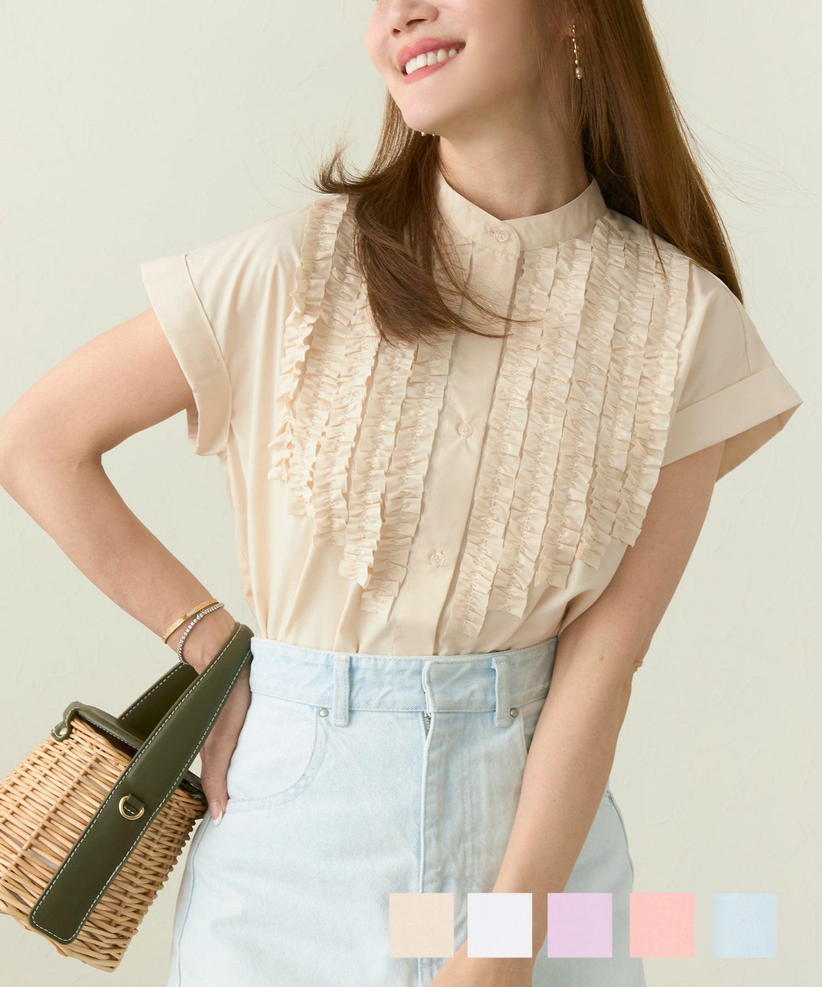 新色追加 洗濯可 ブラウス レディース ファッション オフィス おしゃれ トップス 大人 白 春夏 秋 ジョイントスペース バンドカラー フリル フレンチスリーブ ブラウス Liala×PG