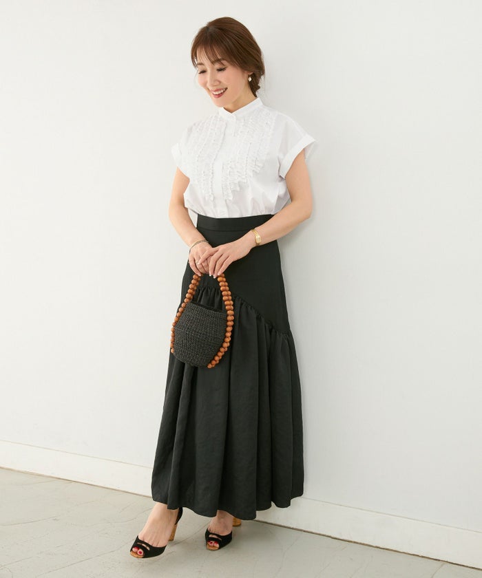 バンドカラーフリルフレンチスリーブブラウスLiala×PG全5色｜lpg811-1406【3】