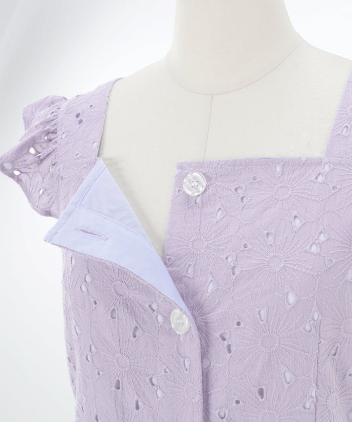 レディース/ワンピース/ドレス/手洗い可/授乳/妊婦/産後/カットワーク刺繍/ロング丈/袖フリル/春/夏/秋/S/M/花柄/フラワー/清涼感/涼し/上品/エレガント/フェミニン/二の腕カバー/美シルエット/着痩せ/華奢見え/着映え/サックス/ラベンダー/ホワイト/マキシ/綿