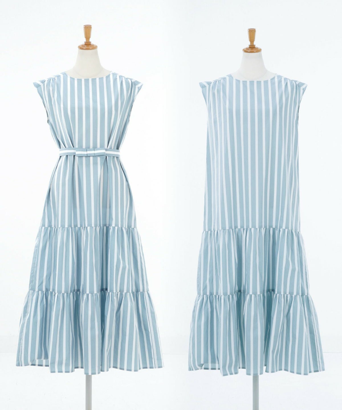 レディース/手洗い可/ロング丈/ティアード/2WAY/フレンチスリーブ/春/夏/秋口/S/M/ワンピース/ドレス/ティアード/ベルト付/フェミニン/上品/清涼感/涼し/エレガント/二の腕カバー/美シルエット/着痩せ/華奢見え/着映え/綿100/コットン100/ピンク/ブルー/ベージュ/ゆったり