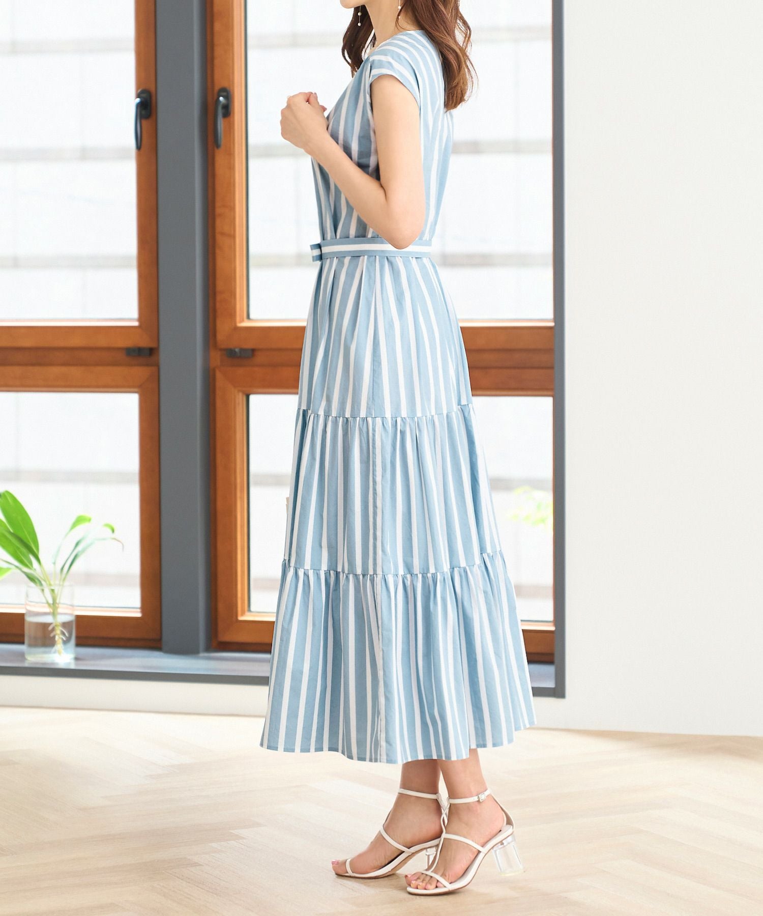 新品タグ付き☆ハグオーワー☆リネンストライプフリルティアードワンピース☆1(S) 2WAY ストライプ ティアード ワンピース Prima Scherrer 全3色｜psc311