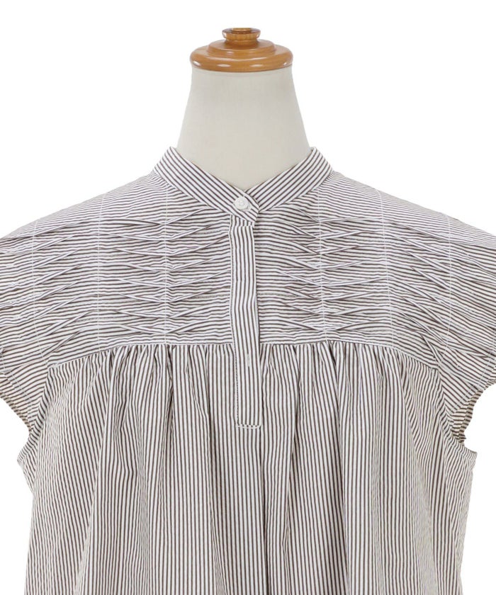 レディース/トップス/ブラウス//セレクト/手洗い可/横ピンタック/フレンチスリーブ/ヨーク切り替え/春/夏/S/M/しじら/サッカー/ストライプ/バンドカラー/授乳/清涼感/涼し/上品/エレガント/フェミニン/着痩せ/華奢見え/着映え/体型カバー/パープル/紫/ブラウン/茶