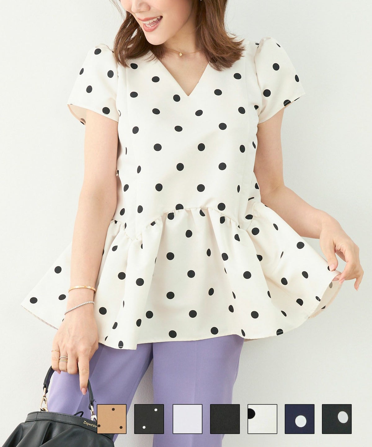新色追加 手洗い可 日本製 半袖 プチ袖 袖山ギャザー ペプラム 無地 ドット フレア 光沢感 春 夏 秋口 スカラップ切り替え 半袖 ブラウス Liala×PG