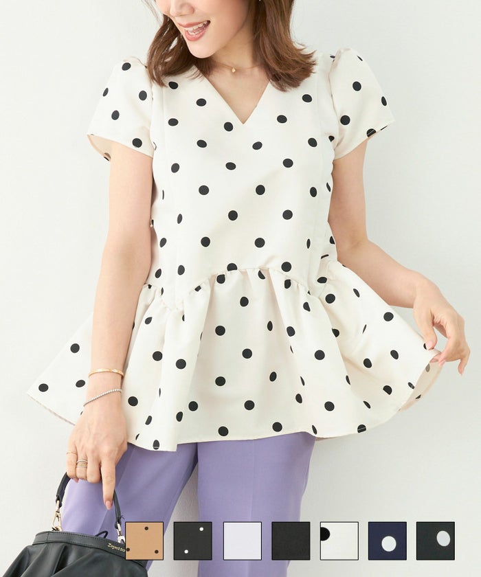 新色追加 手洗い可 日本製 半袖 プチ袖 袖山ギャザー ペプラム 無地 ドット フレア 光沢感 春 夏 秋口 スカラップ切り替え 半袖 ブラウス Liala×PG