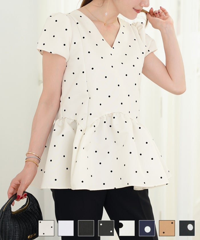 新色追加 手洗い可 日本製 半袖 プチ袖 袖山ギャザー ペプラム 無地 ドット フレア 光沢感 春 夏 秋口 スカラップ切り替え 半袖 ブラウス Liala×PG