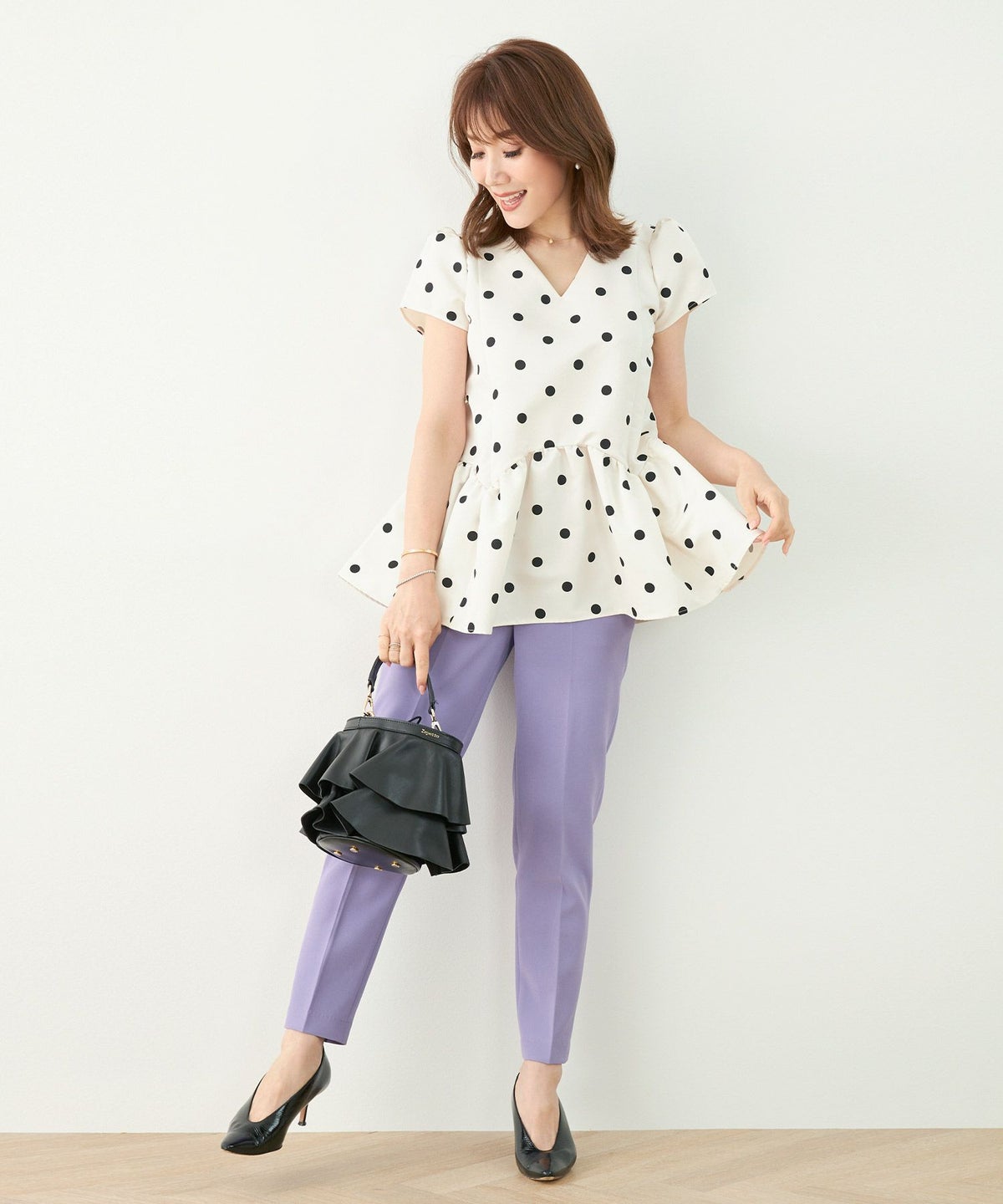 新色追加手洗い可日本製半袖プチ袖袖山ギャザーペプラム無地ドットフレア光沢感春夏秋口