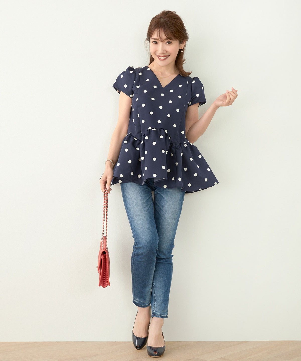 新色追加手洗い可日本製半袖プチ袖袖山ギャザーペプラム無地ドットフレア光沢感春夏秋口