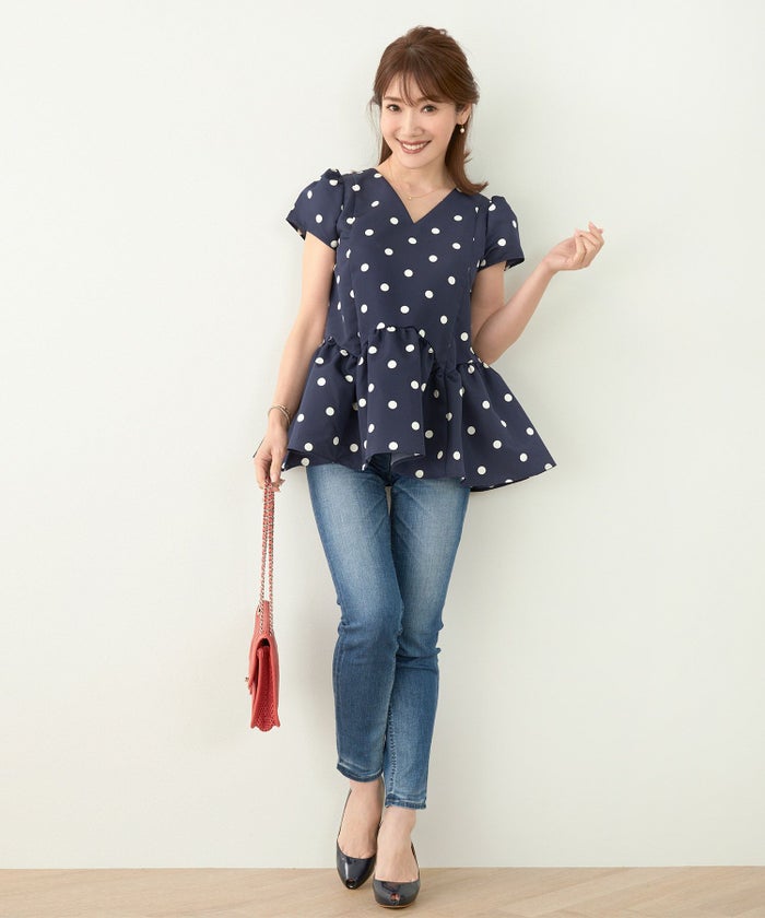 新色追加手洗い可日本製半袖プチ袖袖山ギャザーペプラム無地ドットフレア光沢感春夏秋口