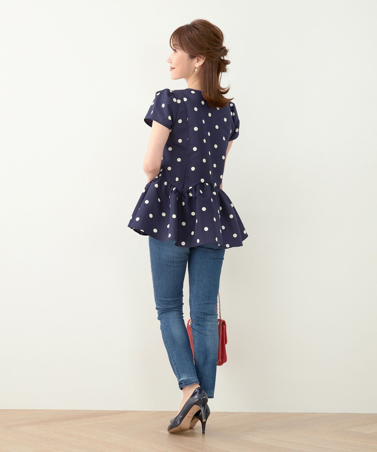 新色追加手洗い可日本製半袖プチ袖袖山ギャザーペプラム無地ドットフレア光沢感春夏秋口