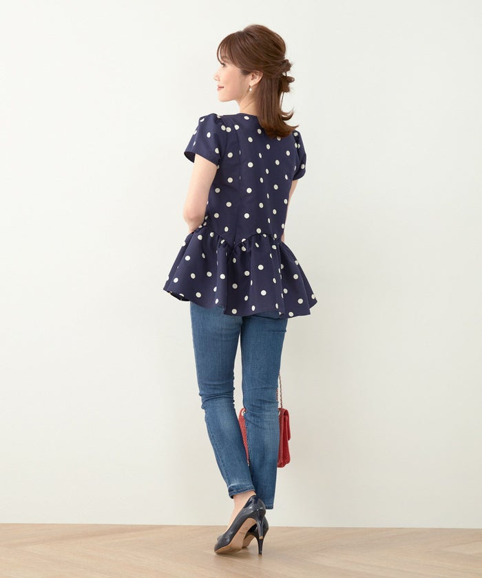 新色追加手洗い可日本製半袖プチ袖袖山ギャザーペプラム無地ドットフレア光沢感春夏秋口