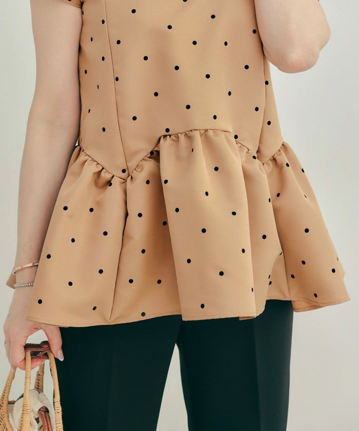 新色追加手洗い可日本製半袖プチ袖袖山ギャザーペプラム無地ドットフレア光沢感春夏秋口