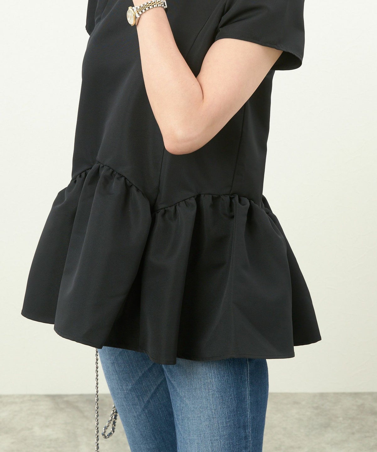 新色追加手洗い可日本製半袖プチ袖袖山ギャザーペプラム無地ドットフレア光沢感春夏秋口