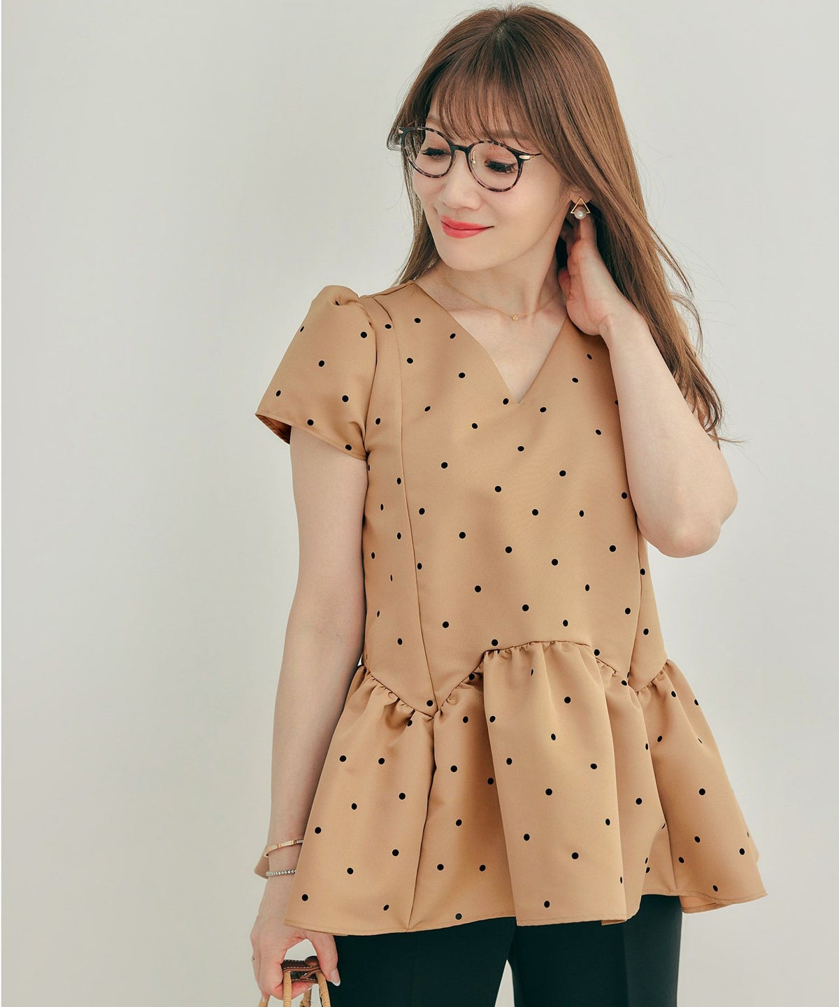 新色追加手洗い可日本製半袖プチ袖袖山ギャザーペプラム無地ドットフレア光沢感春夏秋口