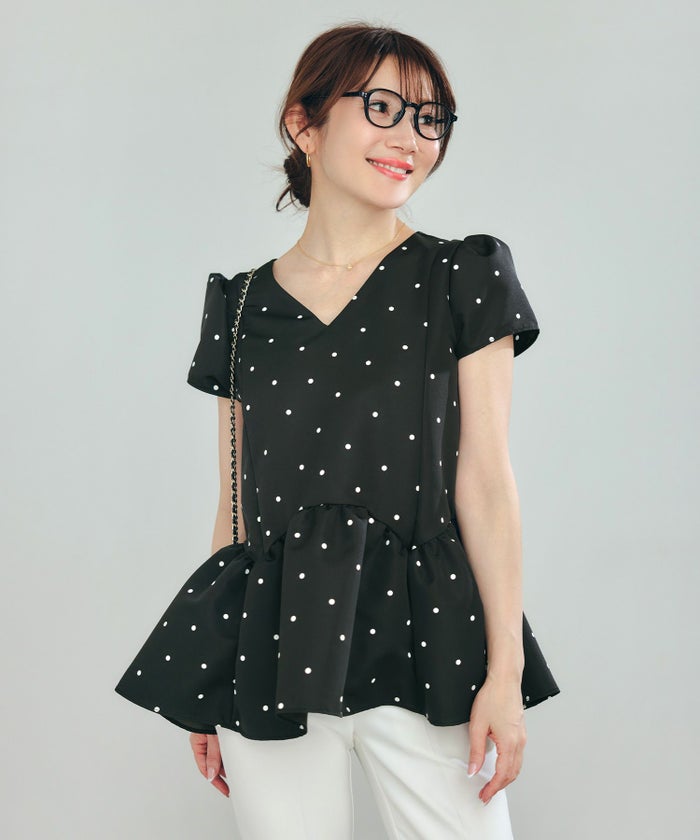 新色追加手洗い可日本製半袖プチ袖袖山ギャザーペプラム無地ドットフレア光沢感春夏秋口