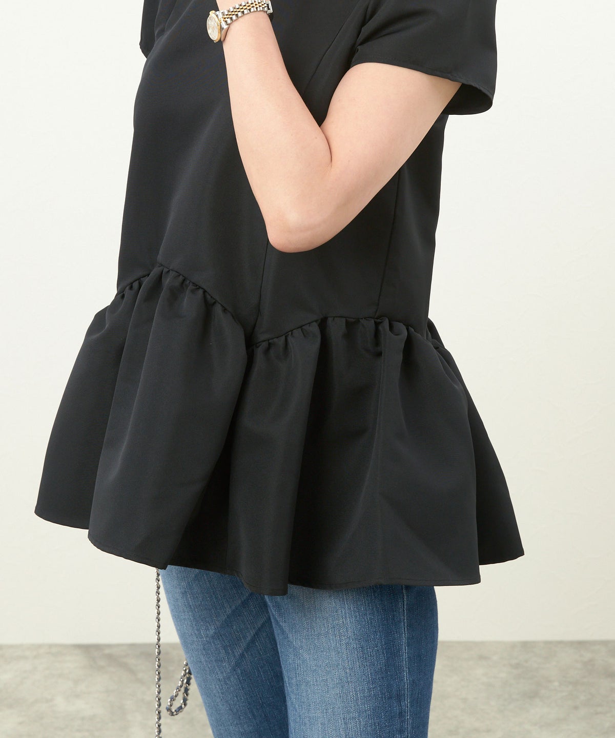 新色追加 手洗い可 日本製 大人カジュアル プチ袖 袖山ギャザー ペプラム 無地 ドット 光沢感 春 夏 秋口 ジョイントスペース プリンセスカットV衿ギャザー袖ブラウス Liala×PG