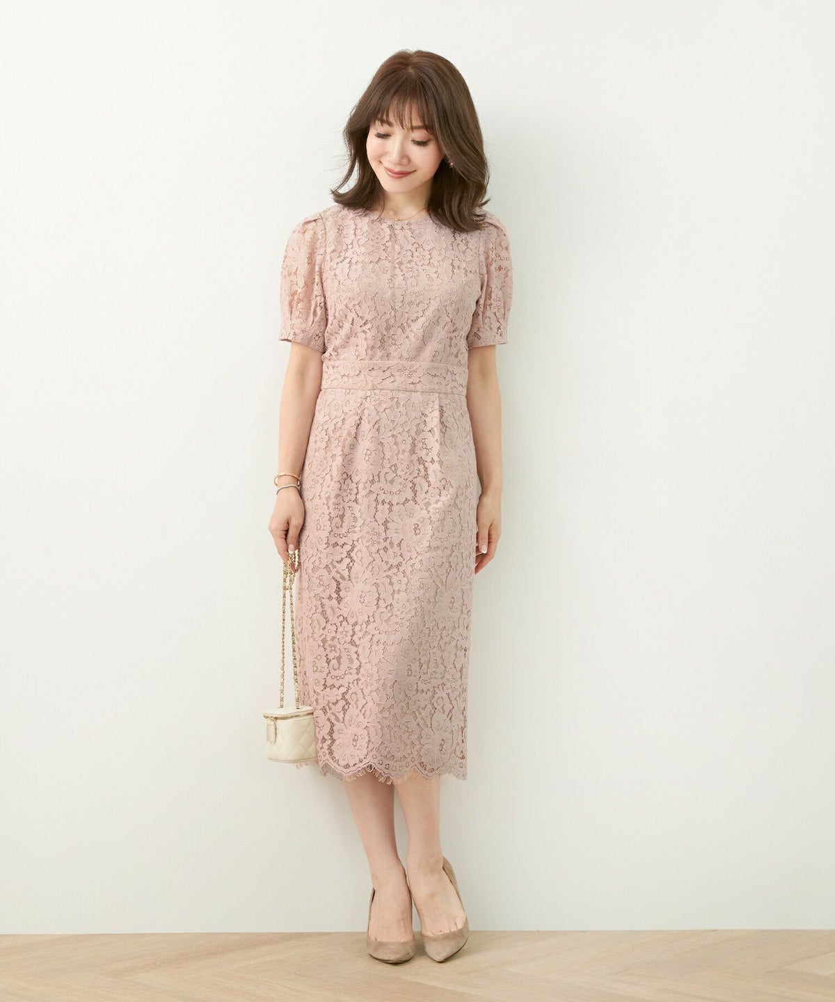 手洗い可/ドレス/オケージョン/脚長効果/パフ袖/半袖/着やせ/結婚式