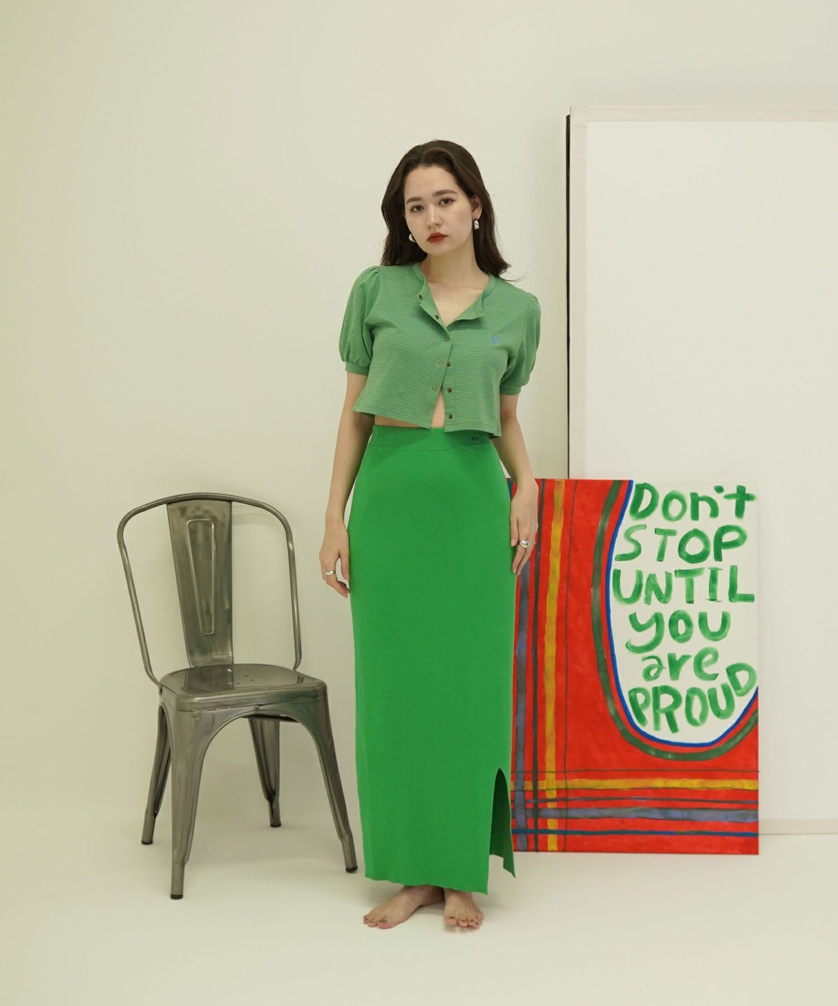 トップス/カーディガン/ボーダー/グリーン/サーモンピンク/ダークブルー