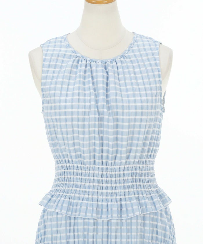 レディース/ワンピース/ドレス/ノースリーブ/シャーリング/ウエストゴム/フェミニン/ロング/フレア/細見え/上品/エレガント/シアー素材/シアーチェック/ピンク/ベージュ/サックス/脚長/軽やか/軽量/涼やか/清涼感/華やか/可愛い/切り替え/ティアード/ティアードスカート