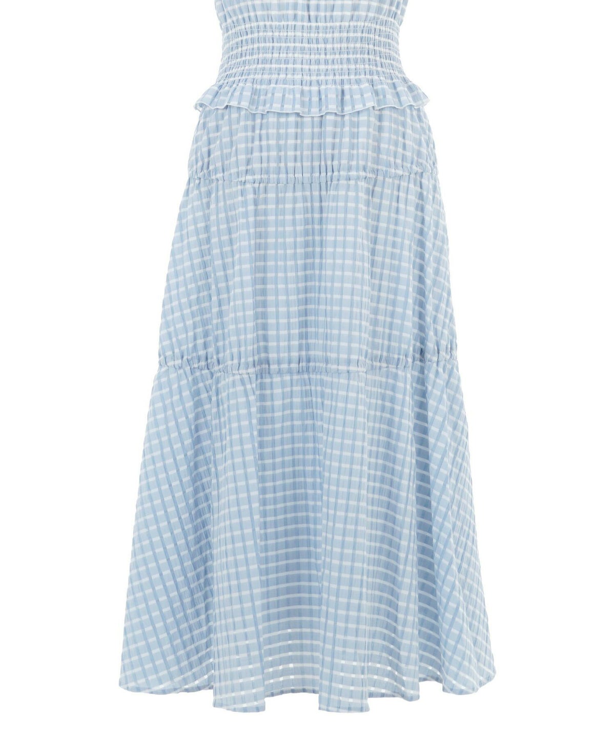 レディース/ワンピース/ドレス/ノースリーブ/シャーリング/ウエストゴム/フェミニン/ロング/フレア/細見え/上品/エレガント/シアー素材/シアーチェック/ピンク/ベージュ/サックス/脚長/軽やか/軽量/涼やか/清涼感/華やか/可愛い/切り替え/ティアード/ティアードスカート