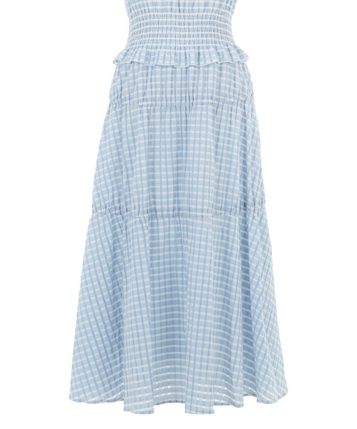 レディース/ワンピース/ドレス/ノースリーブ/シャーリング/ウエストゴム/フェミニン/ロング/フレア/細見え/上品/エレガント/シアー素材/シアーチェック/ピンク/ベージュ/サックス/脚長/軽やか/軽量/涼やか/清涼感/華やか/可愛い/切り替え/ティアード/ティアードスカート