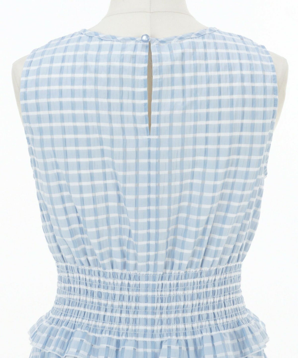 レディース/ワンピース/ドレス/ノースリーブ/シャーリング/ウエストゴム/フェミニン/ロング/フレア/細見え/上品/エレガント/シアー素材/シアーチェック/ピンク/ベージュ/サックス/脚長/軽やか/軽量/涼やか/清涼感/華やか/可愛い/切り替え/ティアード/ティアードスカート