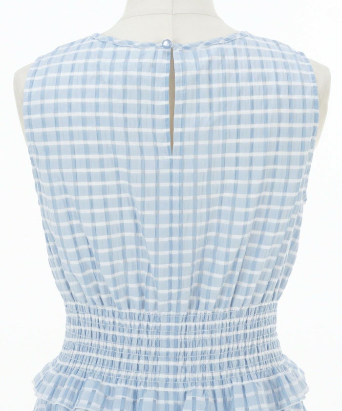 レディース/ワンピース/ドレス/ノースリーブ/シャーリング/ウエストゴム/フェミニン/ロング/フレア/細見え/上品/エレガント/シアー素材/シアーチェック/ピンク/ベージュ/サックス/脚長/軽やか/軽量/涼やか/清涼感/華やか/可愛い/切り替え/ティアード/ティアードスカート