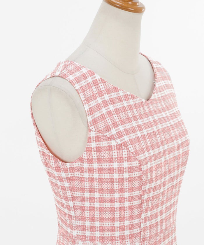 レディース/ワンピース/ドレス/ノースリーブ/ノースリーブ/襟付き/白襟/衿/フレア/フェミニン/エレガントロング/細見え/上品/チェック/ピンク/ブルー/ブラック/青/黒/華やか/可愛い/春/夏/秋口/チェックワンピース/Vネック/上品/バイカラー/配色/フィット＆フレア/取り外し