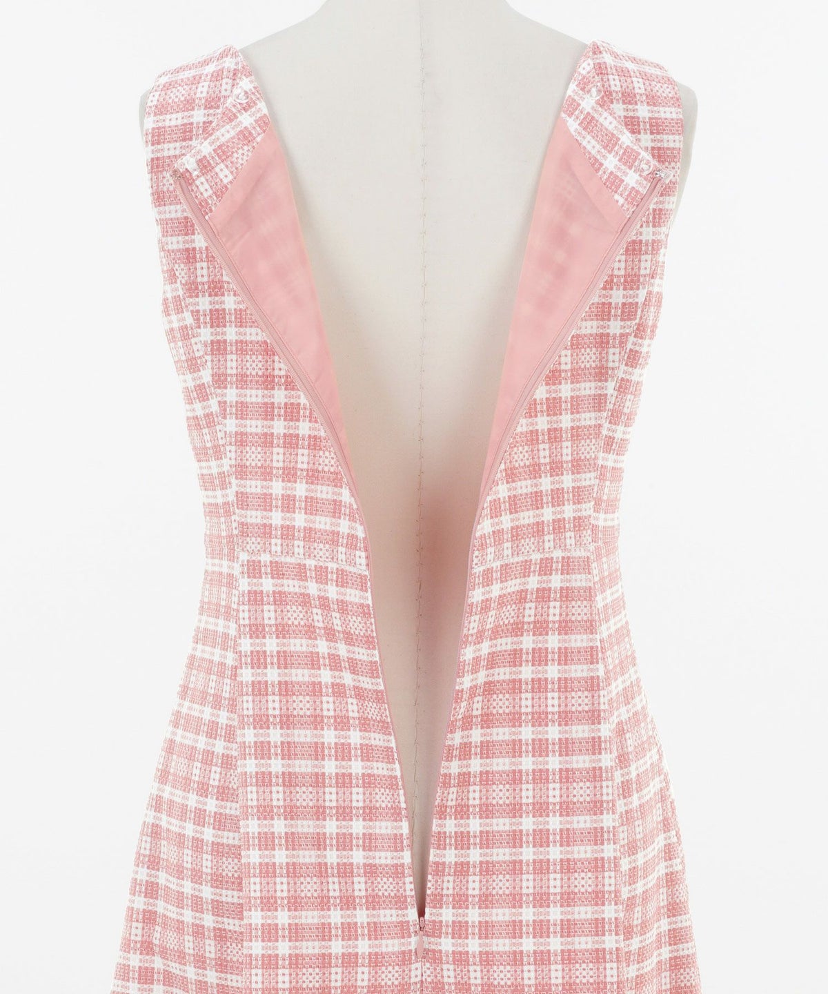 レディース/ワンピース/ドレス/ノースリーブ/ノースリーブ/襟付き/白襟/衿/フレア/フェミニン/エレガントロング/細見え/上品/チェック/ピンク/ブルー/ブラック/青/黒/華やか/可愛い/春/夏/秋口/チェックワンピース/Vネック/上品/バイカラー/配色/フィット＆フレア/取り外し