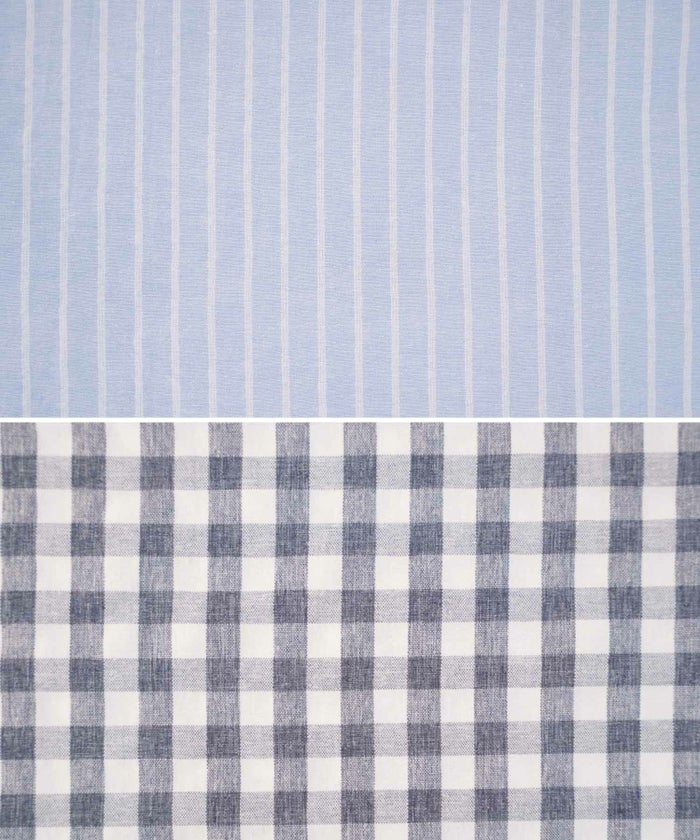 レディース/ワンピース/ギンガムチェック/ストライプ/Vネック/前あき/羽織/シャツワンピース/コットン/綿ポリ/リボン/夏/ノースリーブ/フリル/オフホワイト/サックス/ネイビー