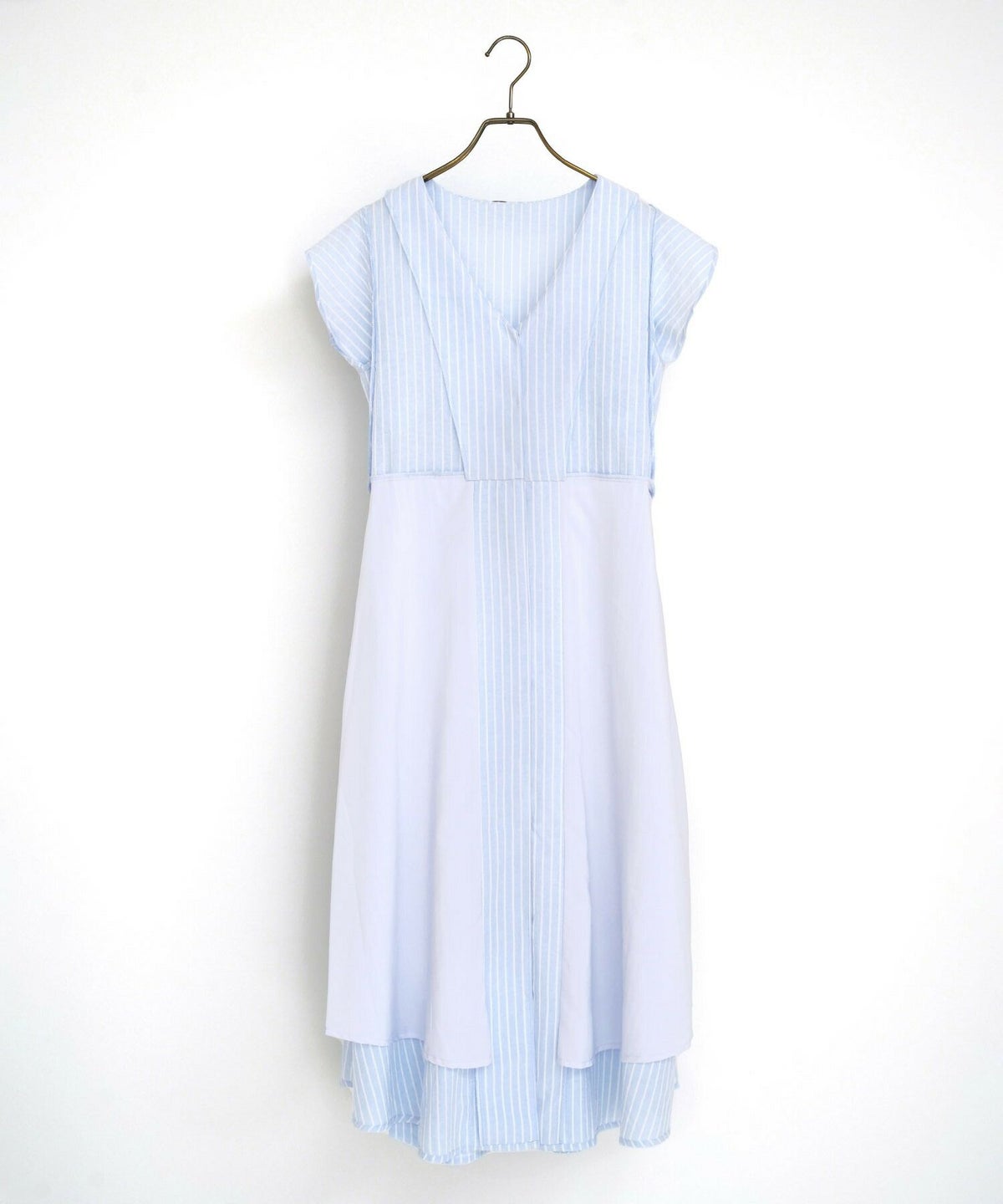 レディース/ワンピース/ギンガムチェック/ストライプ/Vネック/前あき/羽織/シャツワンピース/コットン/綿ポリ/リボン/夏/ノースリーブ/フリル/オフホワイト/サックス/ネイビー