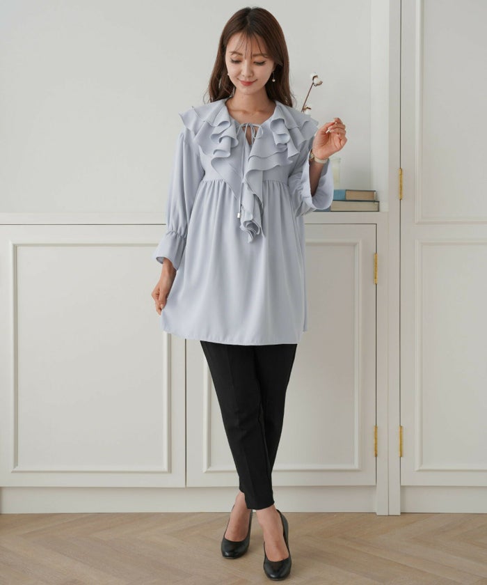 レディース/ブラウス/トップス/チュニック/Vネック/フリル/ダブルフリル/リボン/ギャザー/切り替え/キャンディスリーブ/長袖/春/秋/ホワイト/ブルー/グリーン/可愛い/フェミニン/上品/エレガント