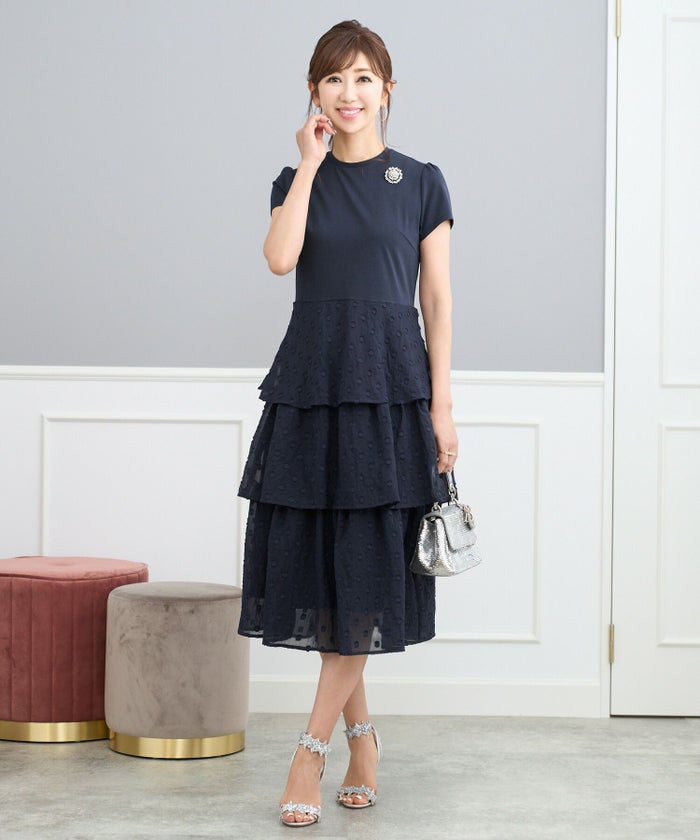 手洗い可/ドレス/ワンピース/ティアードスカート/ドッキング/異素材/コンビワンピース/3段フリル/カットソー/ポンチ/ドット/ジャガード/ファスナー/エレガント/上品/フェミニン/カジュアル/ジャージ生地/カットソーワンピ/お呼ばれ/ディナー/ベージュ/ネイビー/ブラック