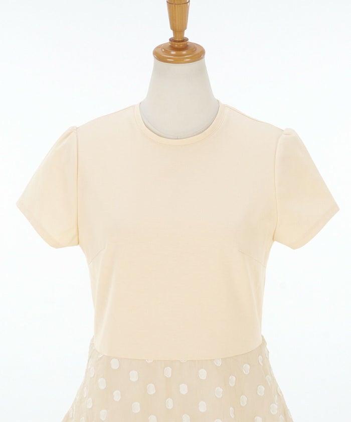 手洗い可/ドレス/ワンピース/ティアードスカート/ドッキング/異素材/コンビワンピース/3段フリル/カットソー/ポンチ/ドット/ジャガード/ファスナー/エレガント/上品/フェミニン/カジュアル/ジャージ生地/カットソーワンピ/お呼ばれ/ディナー/ベージュ/ネイビー/ブラック