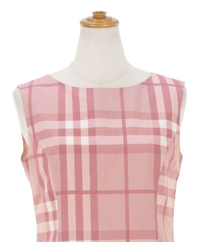 手洗い可/ドレス/チェック柄/ノースリーブ/ギャザー切り替え/膝上/ピンク/ブラック/ハリ感/ポリエステル/トラディショナル/フレア/フェミニン/上品/エレガント/お呼ばれ/食事会/ディナー/デート/おしゃれ/レディース/黒/ファスナー