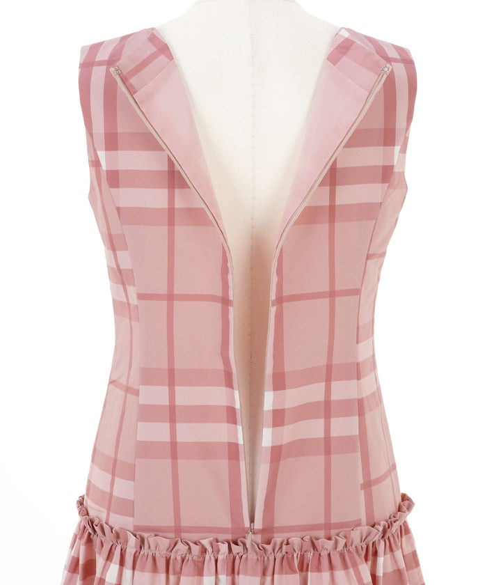 手洗い可/ドレス/チェック柄/ノースリーブ/ギャザー切り替え/膝上/ピンク/ブラック/ハリ感/ポリエステル/トラディショナル/フレア/フェミニン/上品/エレガント/お呼ばれ/食事会/ディナー/デート/おしゃれ/レディース/黒/ファスナー